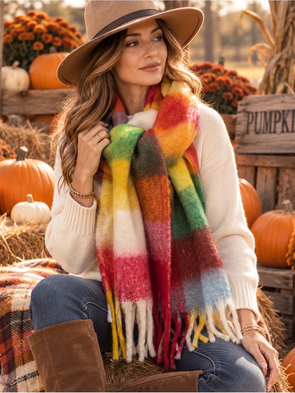 Natural Life Cuddle Up Cozy Blanket Scarf in Rainbow with Fringe.